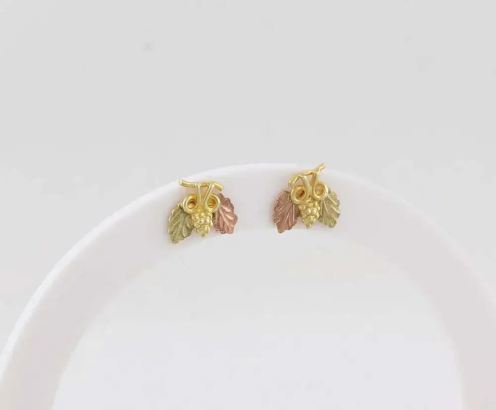 12k Yellow Gold Black Hills Gold Leaf Earrings Stud Post 3/8